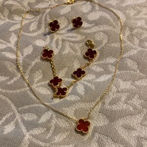 Gold-Tone Red Clover Pendant Necklace, Bracelet & Stud Earring Set
